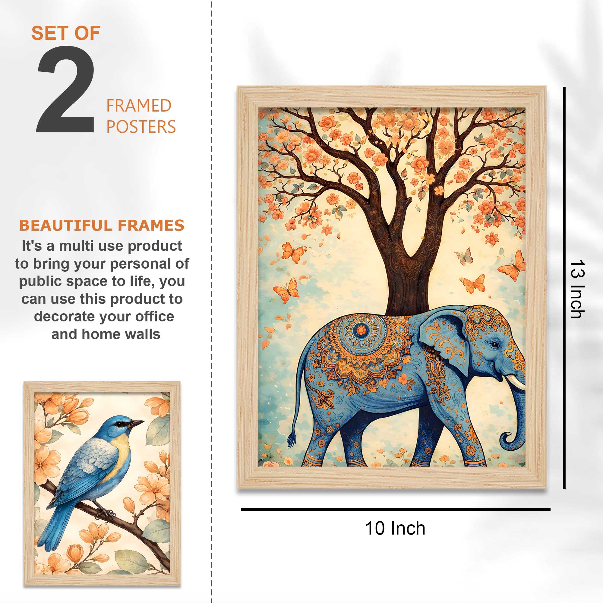 Nature Harmony Elephant, Lotus & Bird Wall Frame Set of Four - Image 5