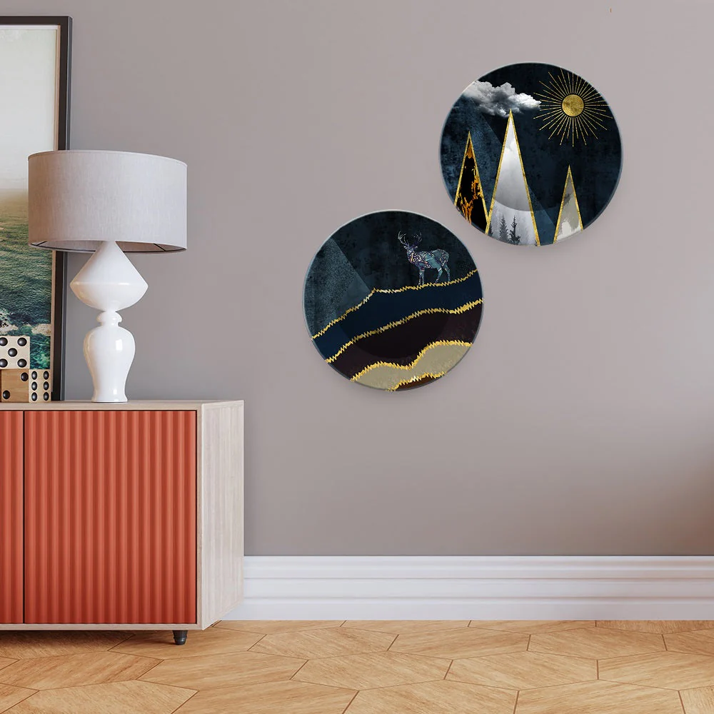 Night Landscape Art of Golden Mountain Wall Hanging Plates of Two Pieces - Image 2