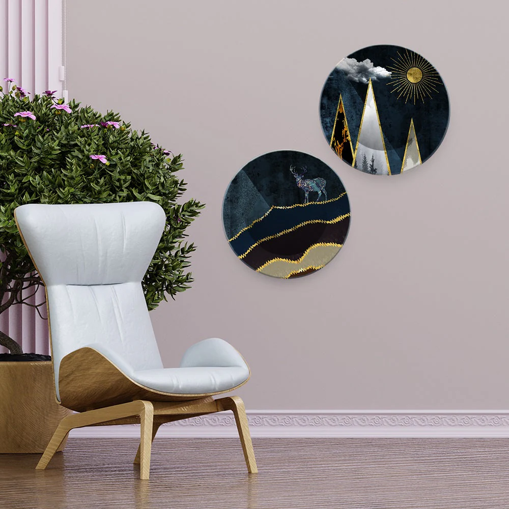 Night Landscape Art of Golden Mountain Wall Hanging Plates of Two Pieces - Image 3