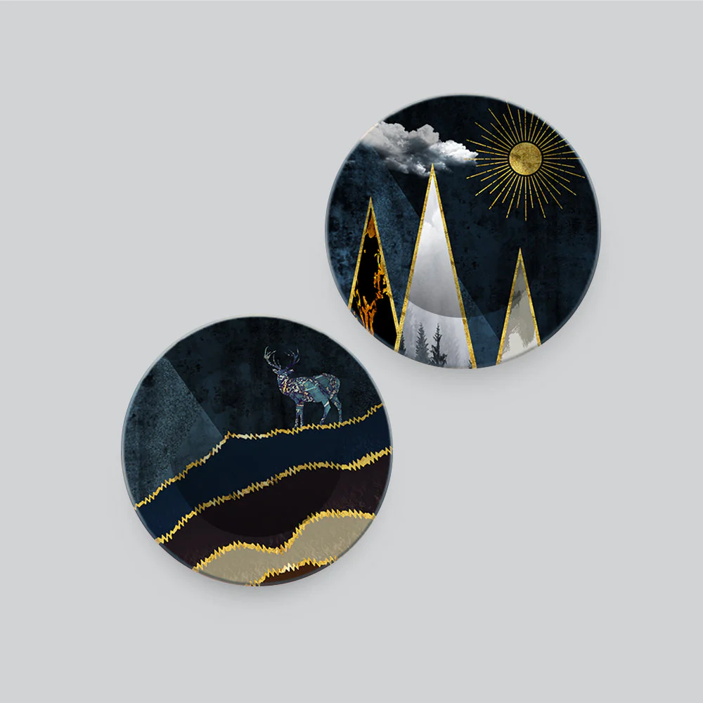 Night Landscape Art of Golden Mountain Wall Hanging Plates of Two Pieces - Image 4