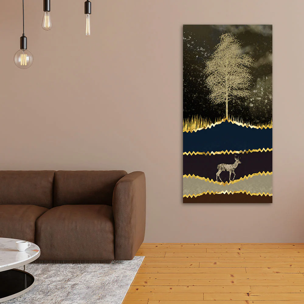 Night Landscape with Blue and golden Deer Premium Canvas Wall Painting - Image 2