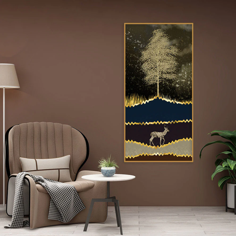 Night Landscape with Blue and golden Deer Premium Canvas Wall Painting - Image 3