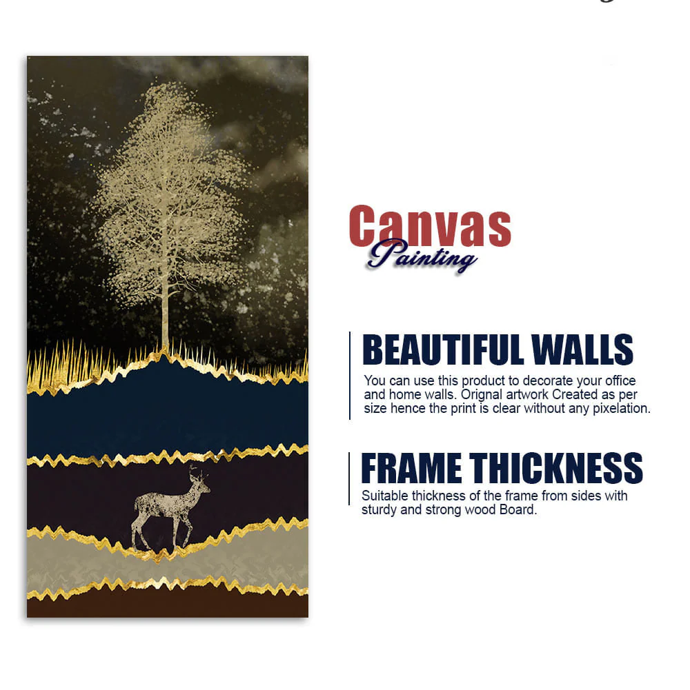 Night Landscape with Blue and golden Deer Premium Canvas Wall Painting - Image 6