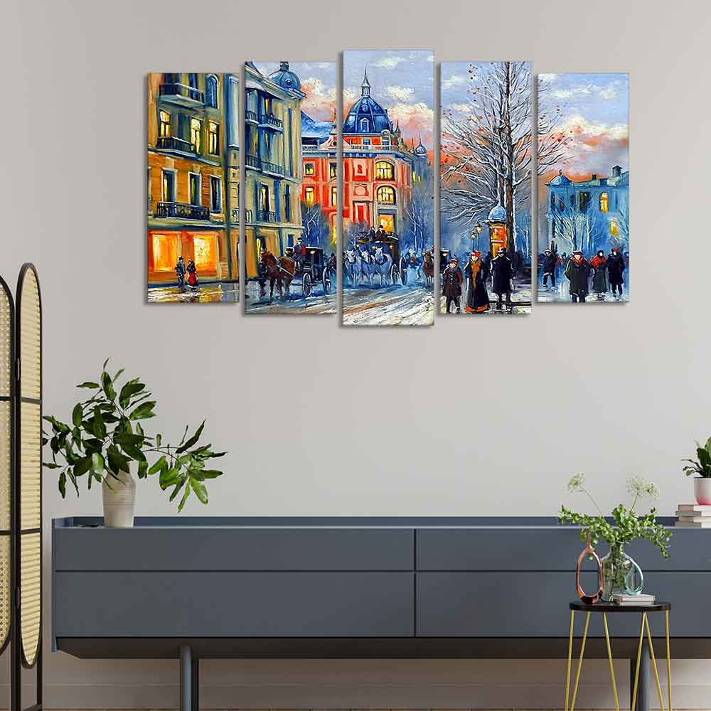 Old City in Winters Canvas Five Pieces Wall Painting of Five Pieces - Image 2