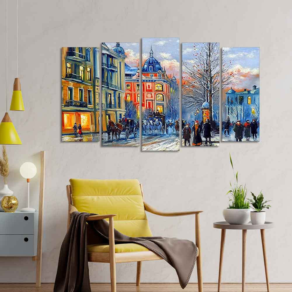 Old City in Winters Canvas Five Pieces Wall Painting of Five Pieces - Image 3