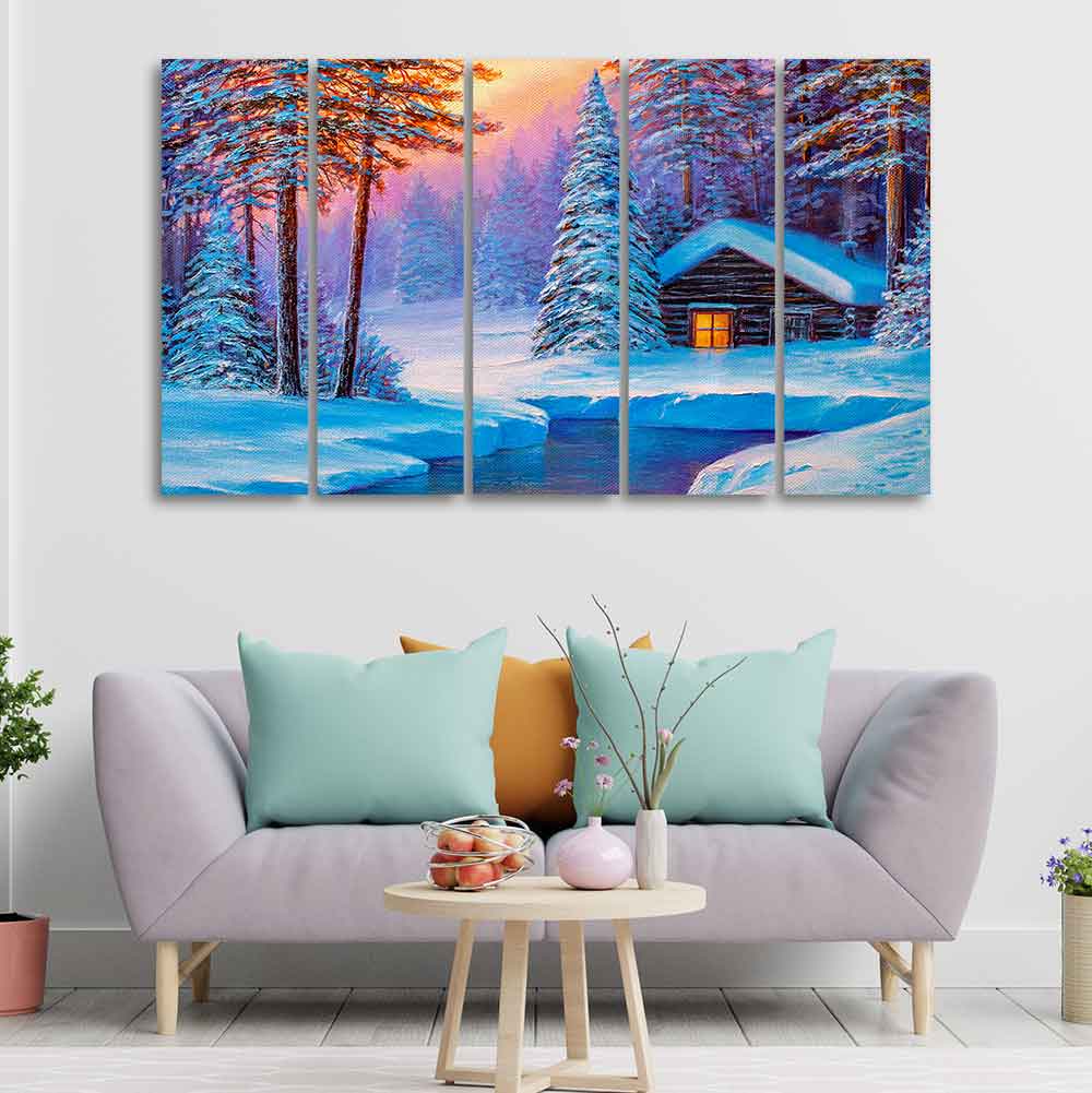 Old Hut in the Winter Forest Canvas Wall Painting of Five Pieces - Image 2