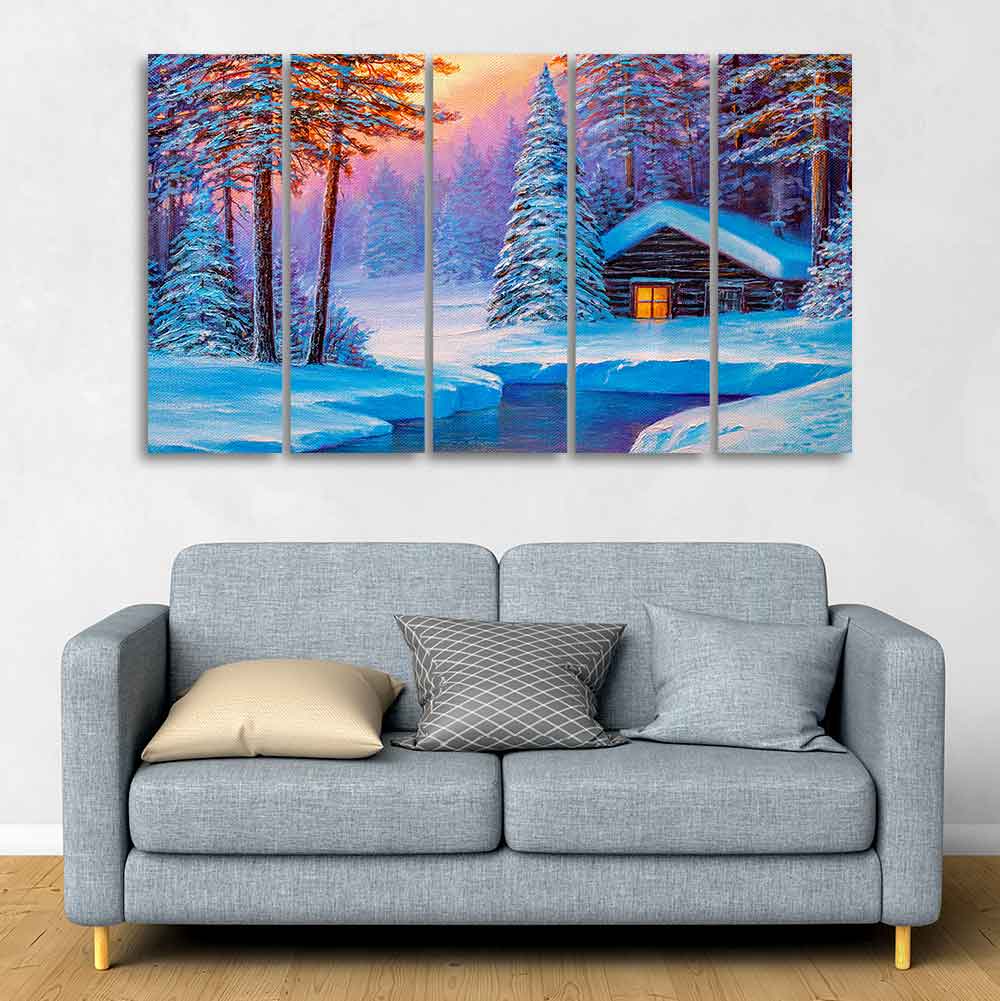 Old Hut in the Winter Forest Canvas Wall Painting of Five Pieces - Image 3