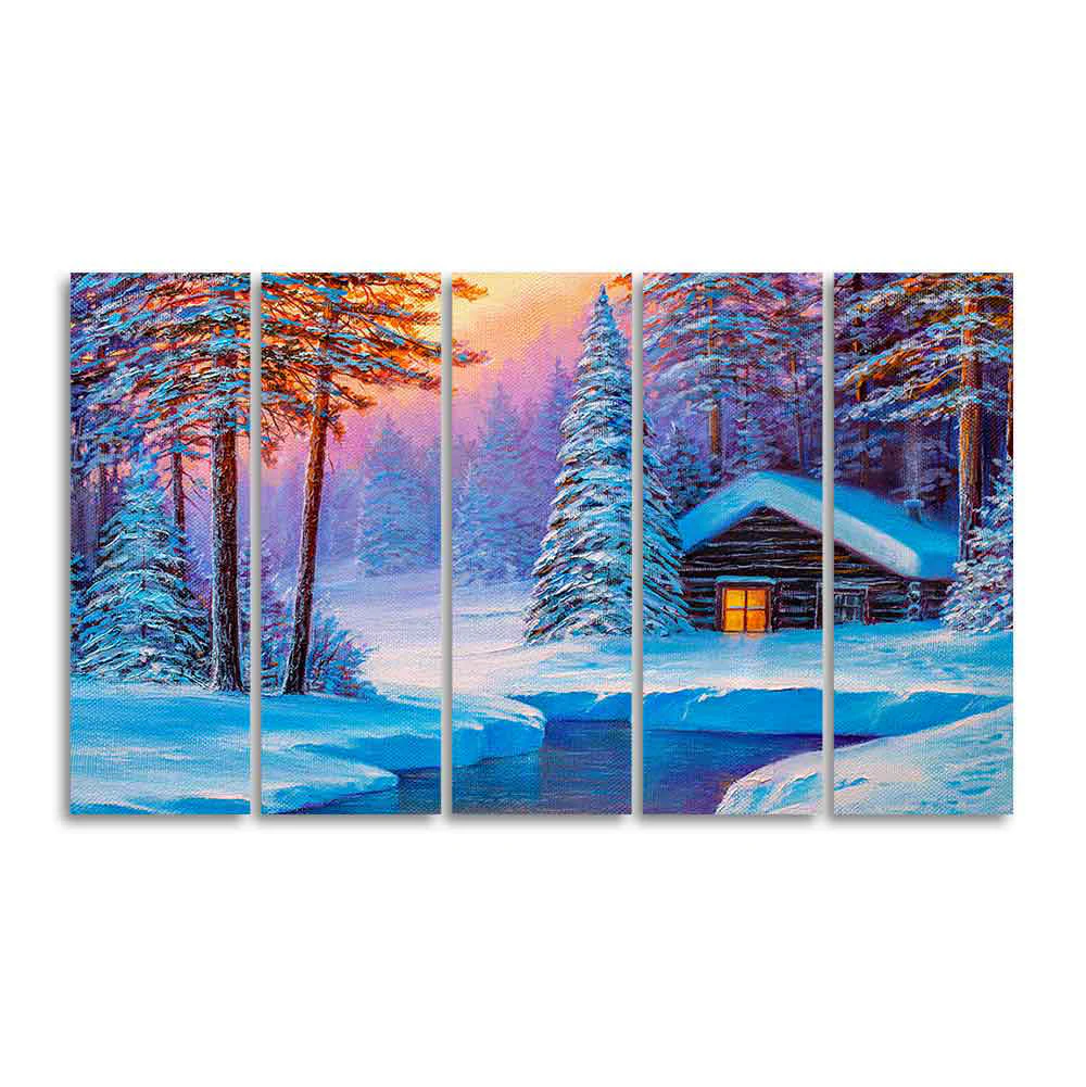 Old Hut in the Winter Forest Canvas Wall Painting of Five Pieces - Image 4