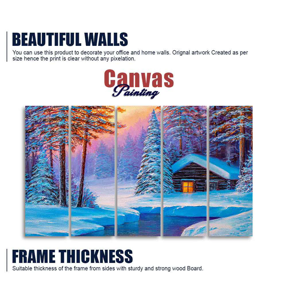 Old Hut in the Winter Forest Canvas Wall Painting of Five Pieces - Image 5
