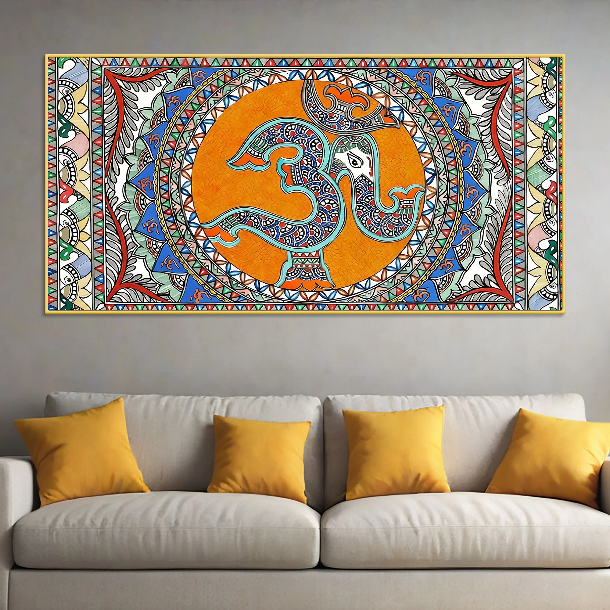 Om Ganesha Madhubani Style Canvas Wall Painting for Spiritual Indian Home Decor
