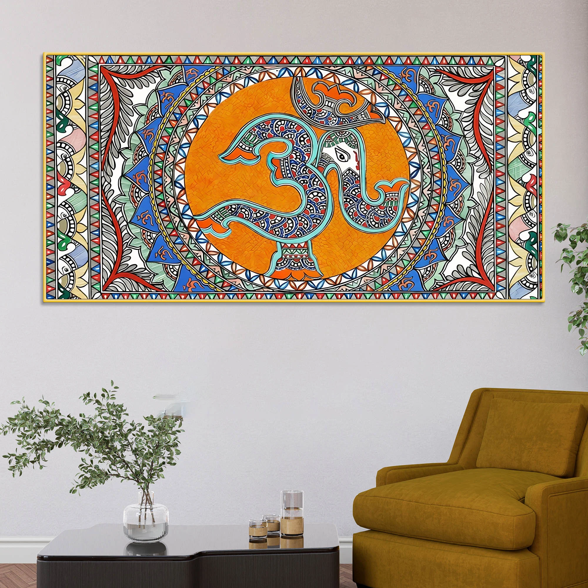 Om Ganesha Madhubani Style Canvas Wall Painting for Spiritual Indian Home Decor - Image 2