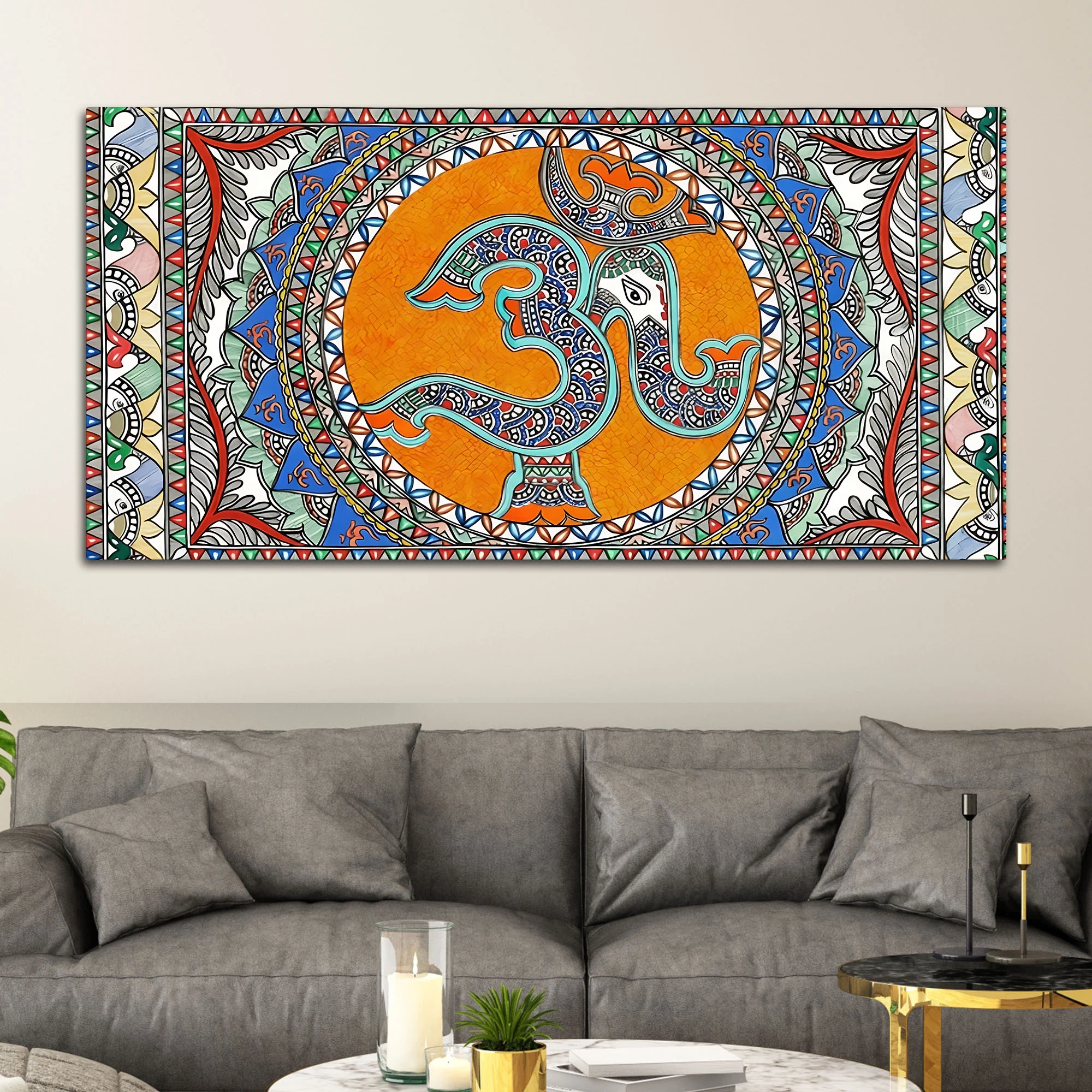 Om Ganesha Madhubani Style Canvas Wall Painting for Spiritual Indian Home Decor - Image 3