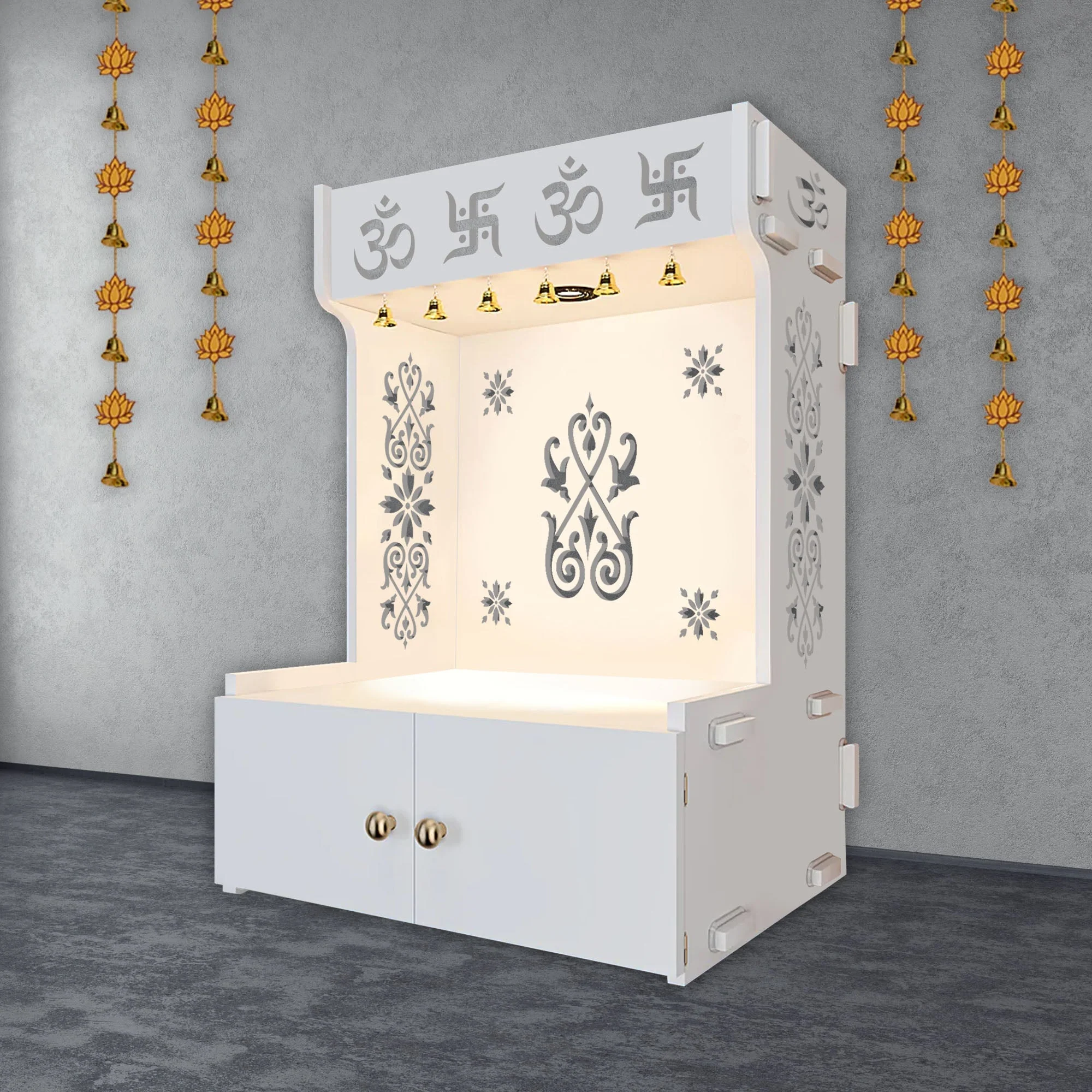 OM Swastika Symbol of Hindu Religious Floor Temple with Spacious Wooden Shelf & Inbuilt Focus Light- White Finish - Image 3