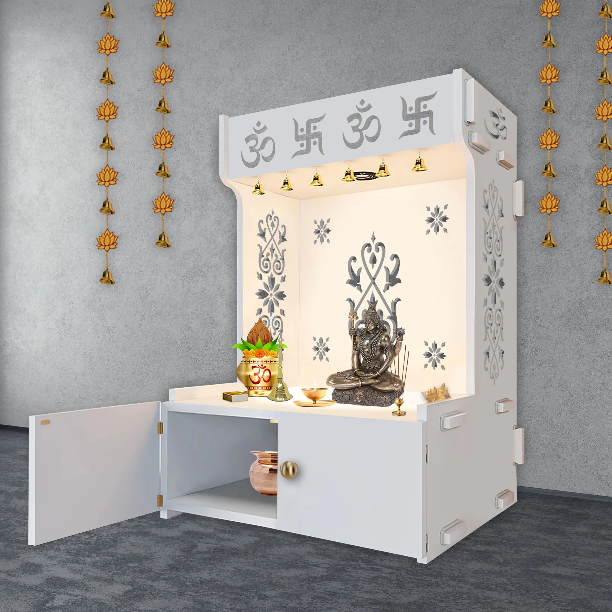 OM Swastika Symbol of Hindu Religious Floor Temple with Spacious Wooden Shelf & Inbuilt Focus Light- White Finish - Image 4