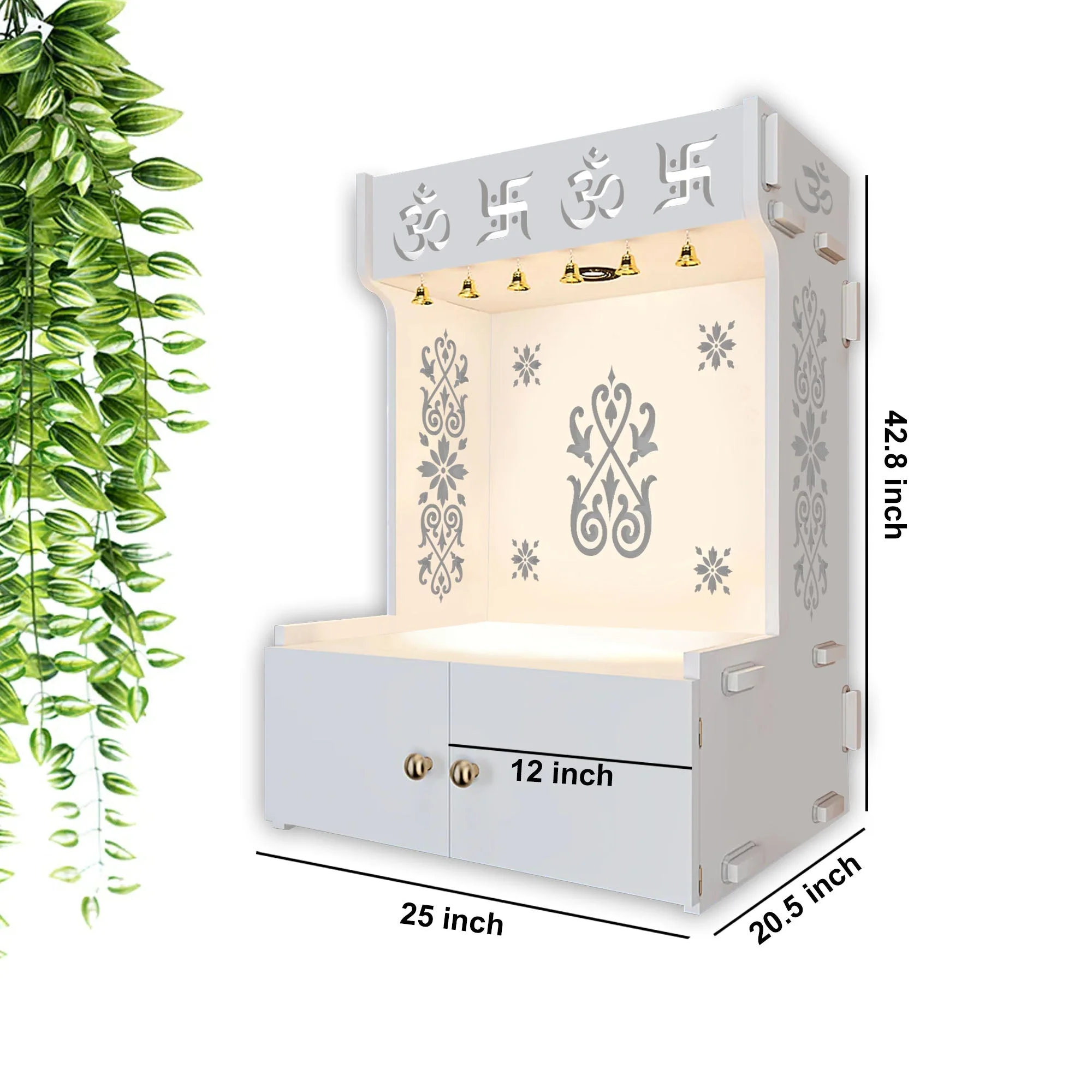 OM Swastika Symbol of Hindu Religious Floor Temple with Spacious Wooden Shelf & Inbuilt Focus Light- White Finish - Image 5