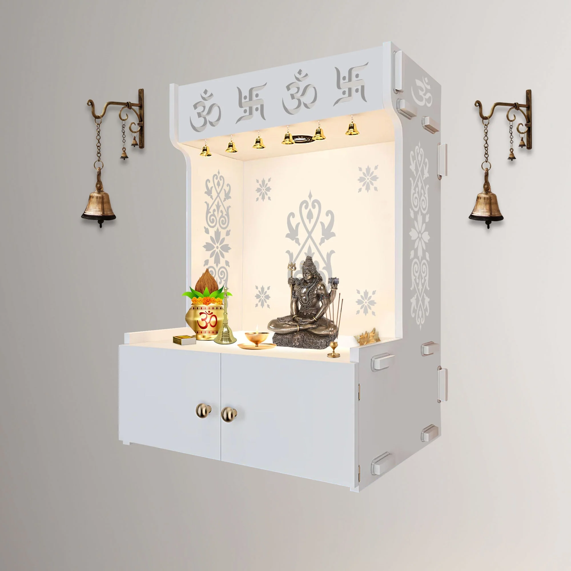 OM Swastika Symbol of Hindu Religious White Wooden Wall Temple for Home With Inbuilt focus Lights & Spacious Shelf - Image 2