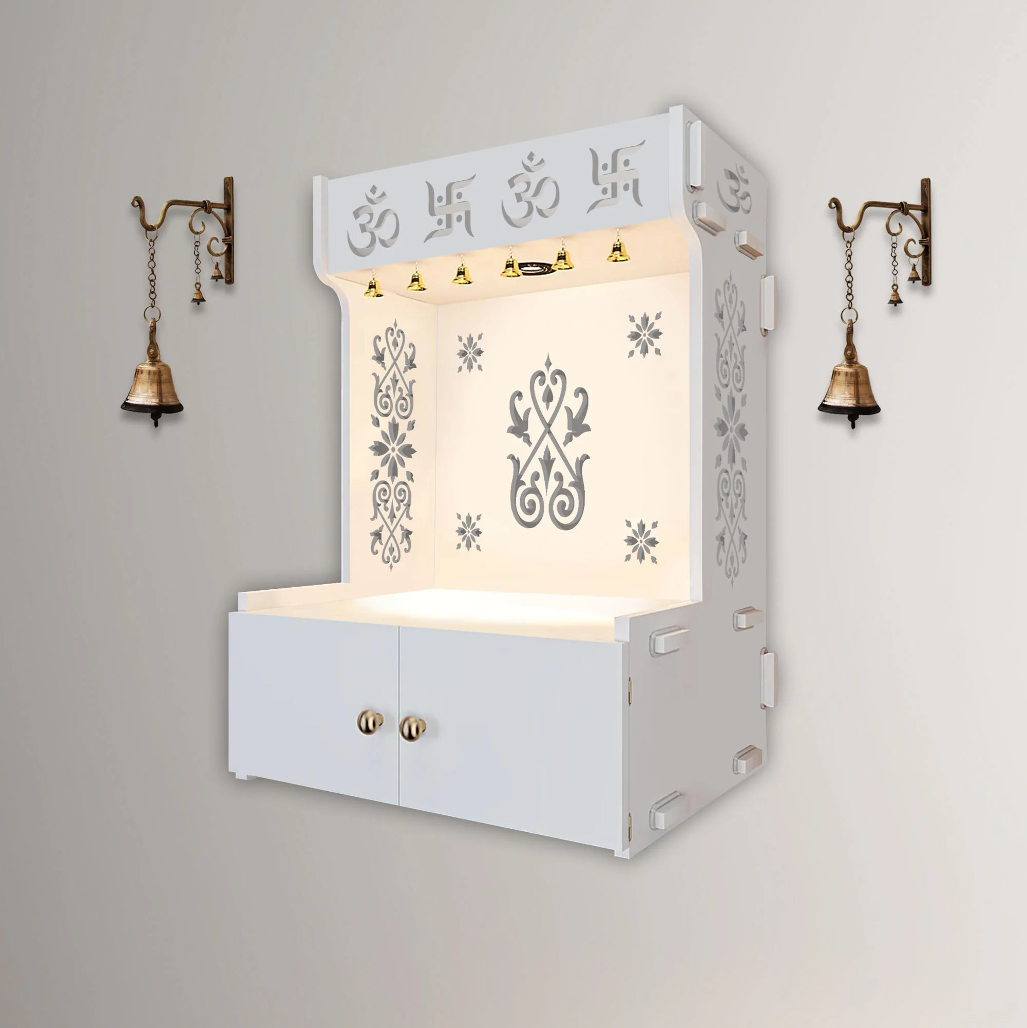 OM Swastika Symbol of Hindu Religious White Wooden Wall Temple for Home With Inbuilt focus Lights & Spacious Shelf - Image 3