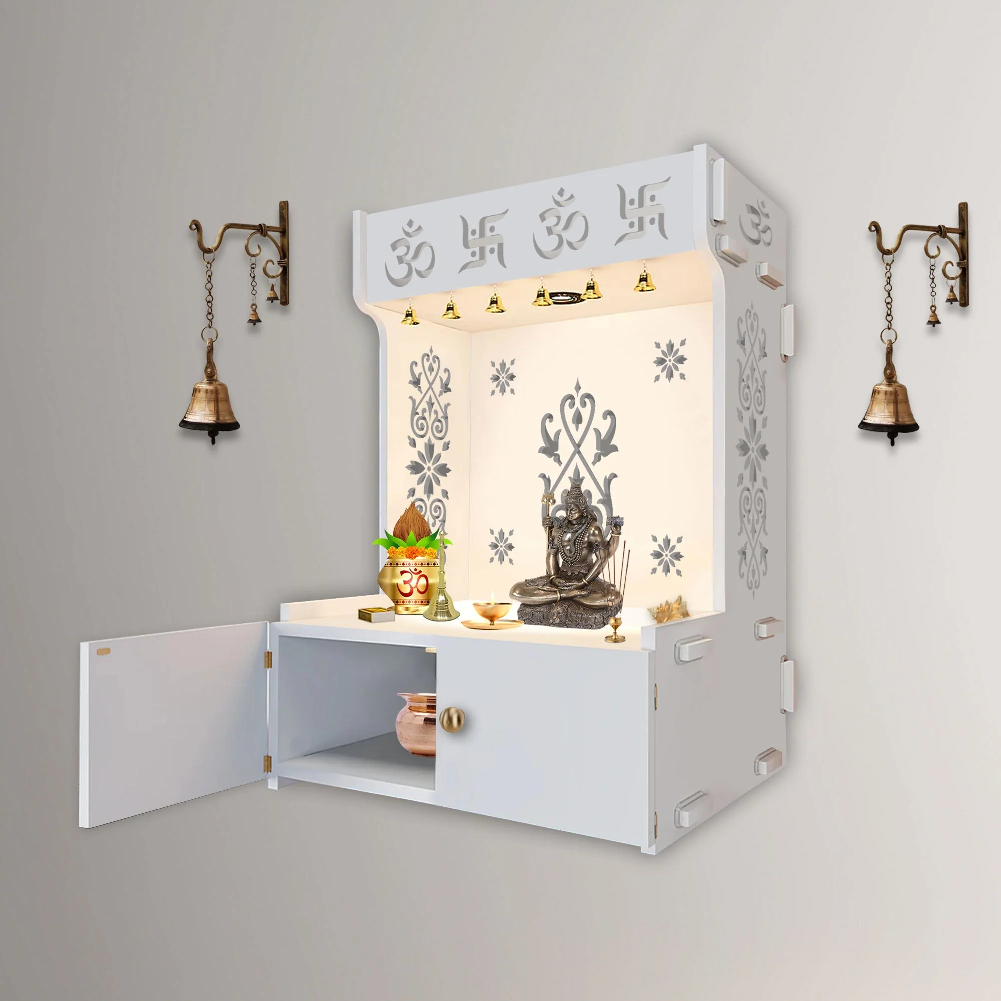 OM Swastika Symbol of Hindu Religious White Wooden Wall Temple for Home With Inbuilt focus Lights & Spacious Shelf - Image 4