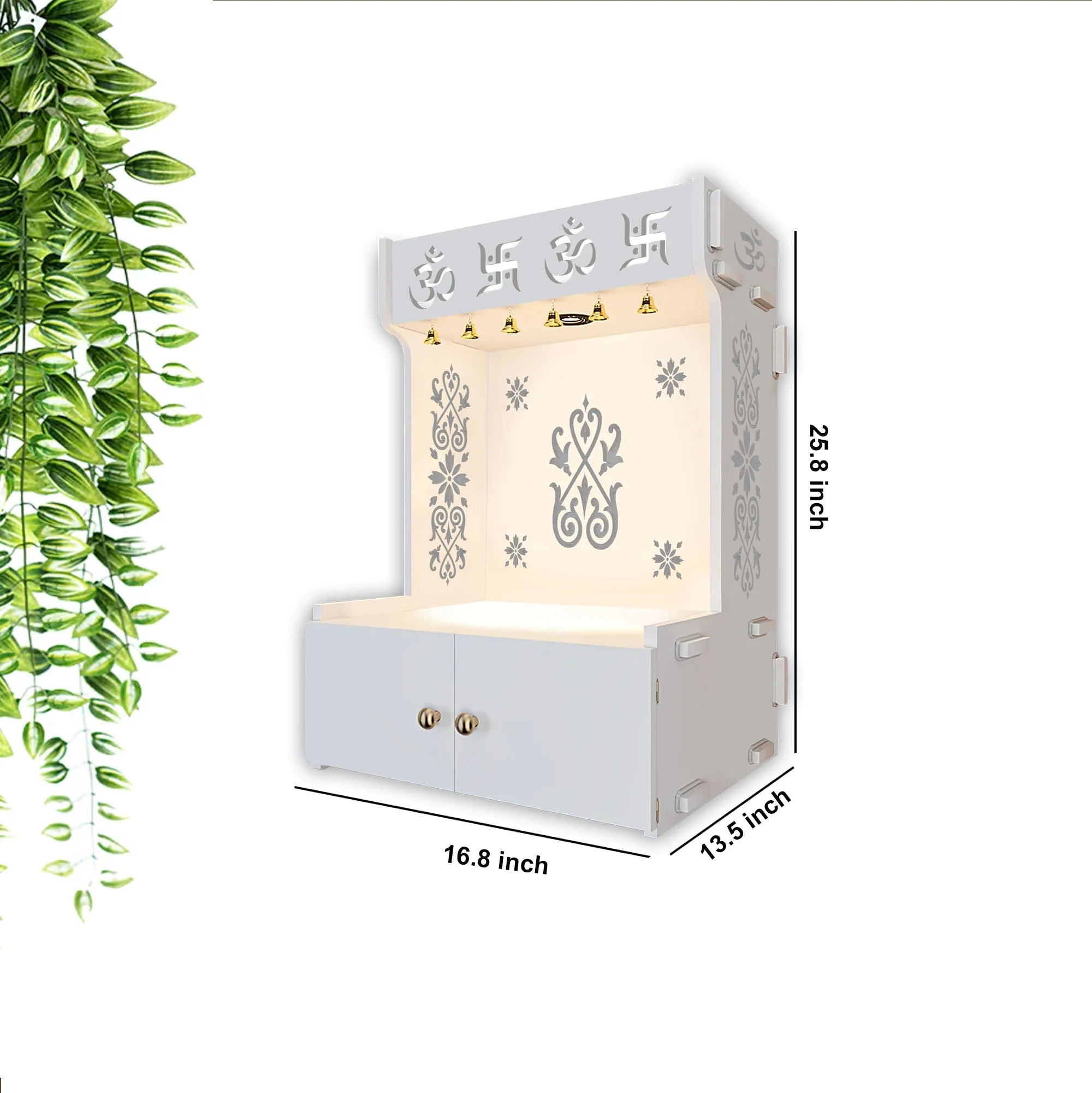 OM Swastika Symbol of Hindu Religious White Wooden Wall Temple for Home With Inbuilt focus Lights & Spacious Shelf - Image 5