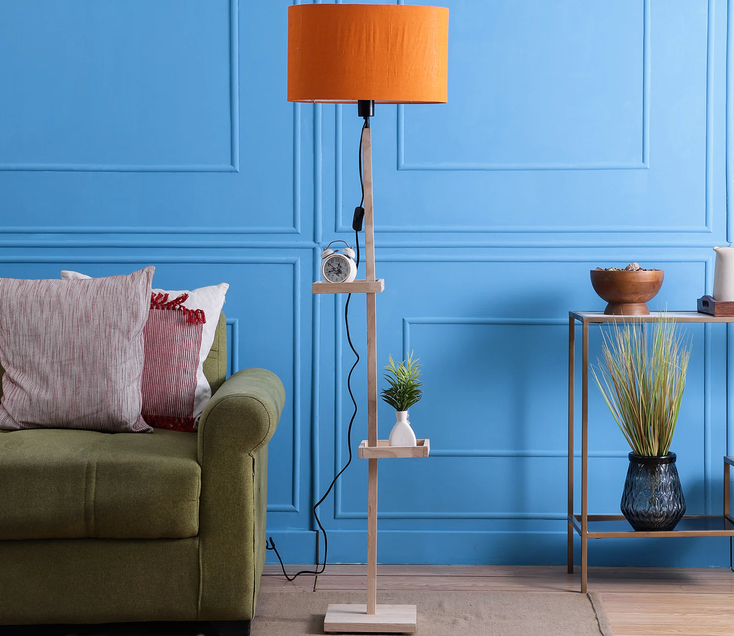 Orange Fabric Double Shelf Floor Lamp with Natural Solid Wood Color Base - Image 2