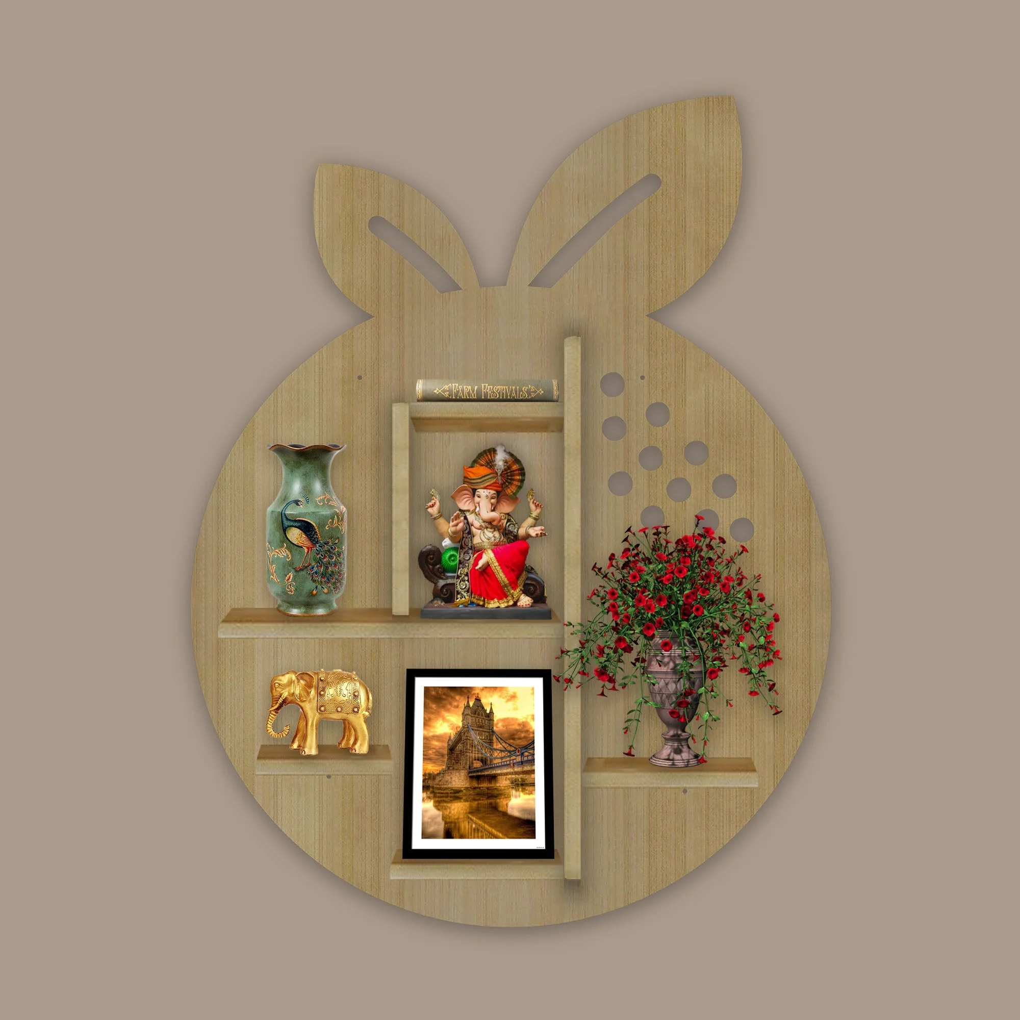 Orange Fruit Shape Wooden LED Light Wall Shelf with Oak Finish - Image 4