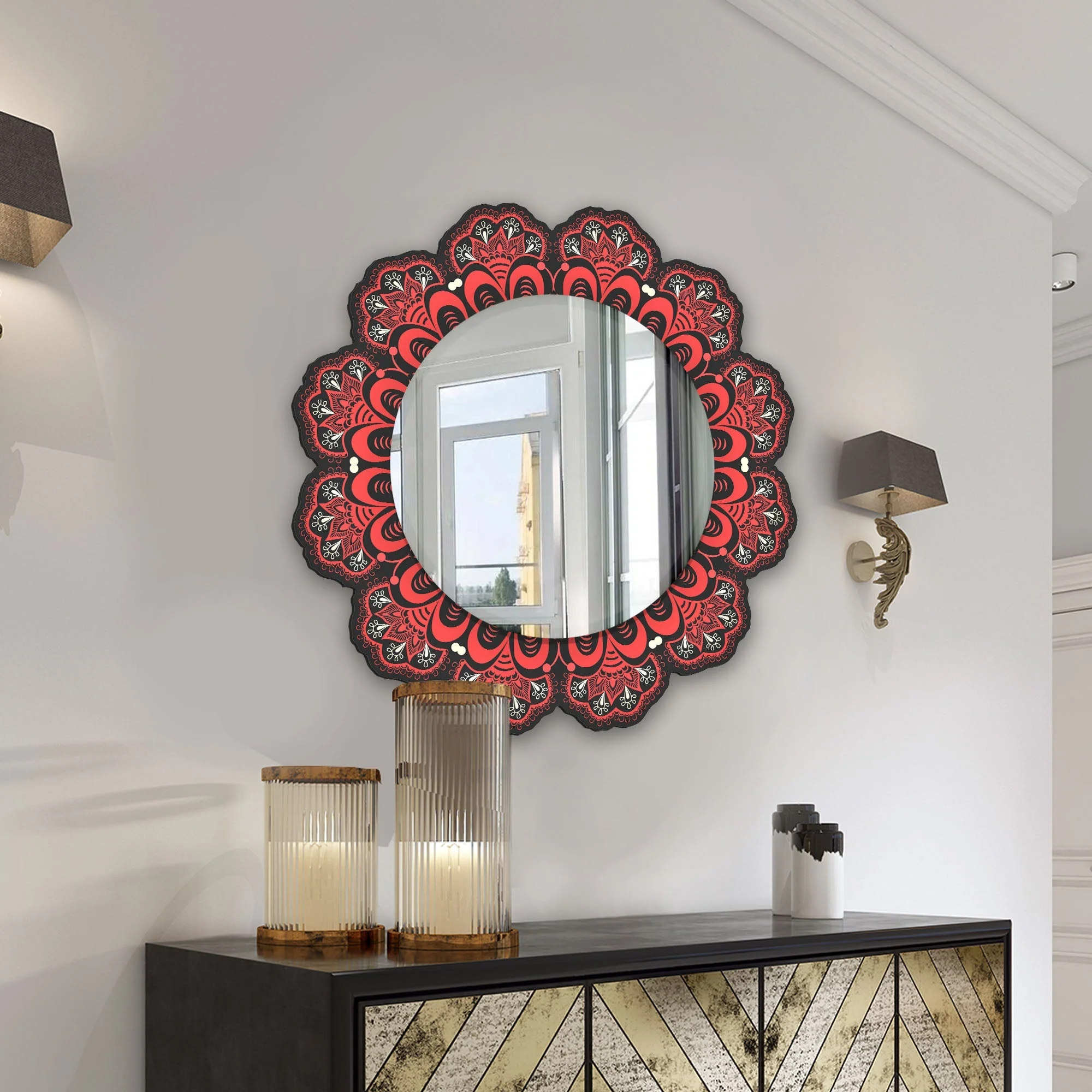 Ornamental Round Lace Red Flower Shape Printed Acrylic Wall Mirror - Image 2