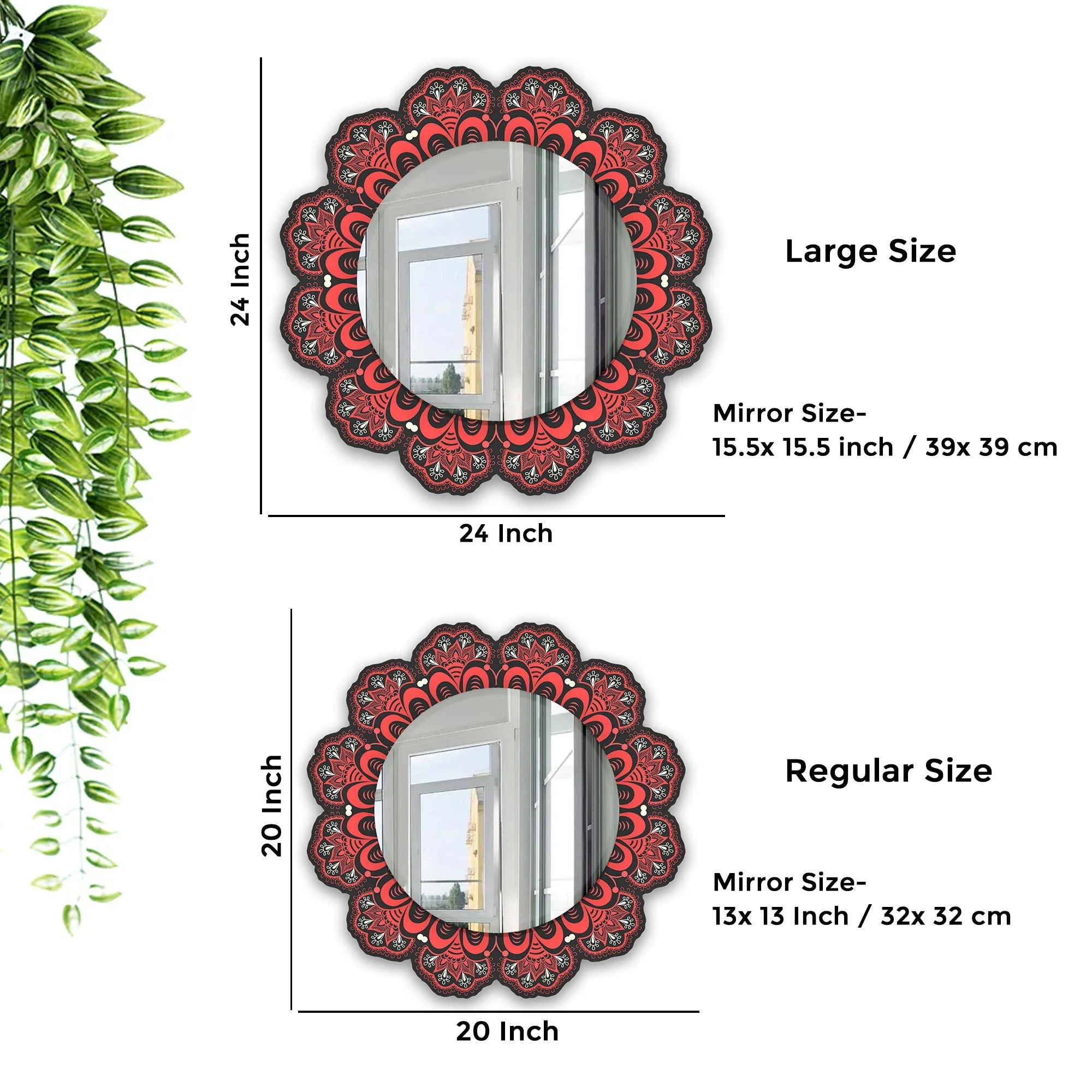 Ornamental Round Lace Red Flower Shape Printed Acrylic Wall Mirror - Image 3