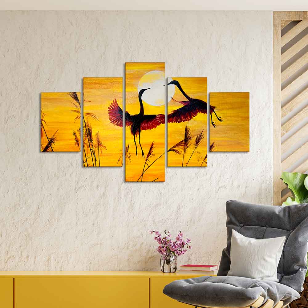 Pair of Cranes over an Autumn Field Canvas Bedroom Wall Painting - Image 3