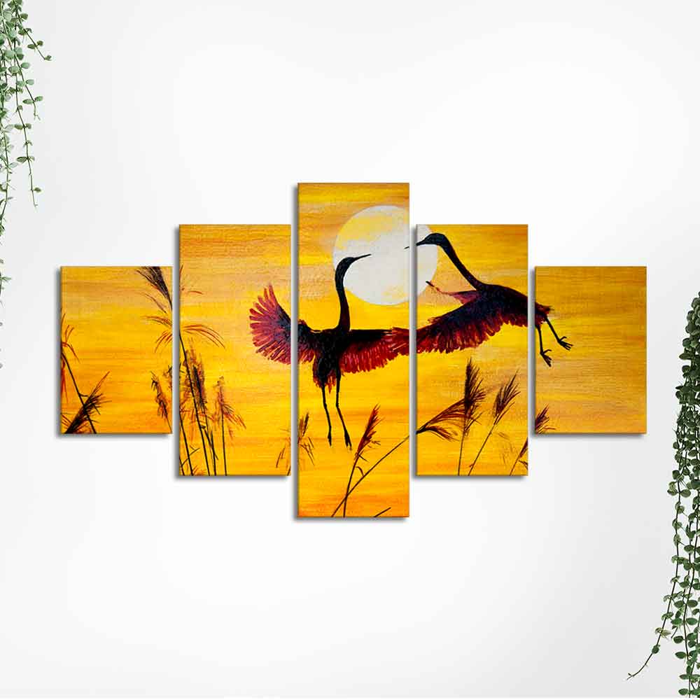 Pair of Cranes over an Autumn Field Canvas Bedroom Wall Painting - Image 5