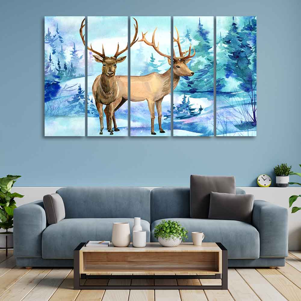 Pair of Deer in Snow Covered Forest Five Pieces Wall Painting - Image 2