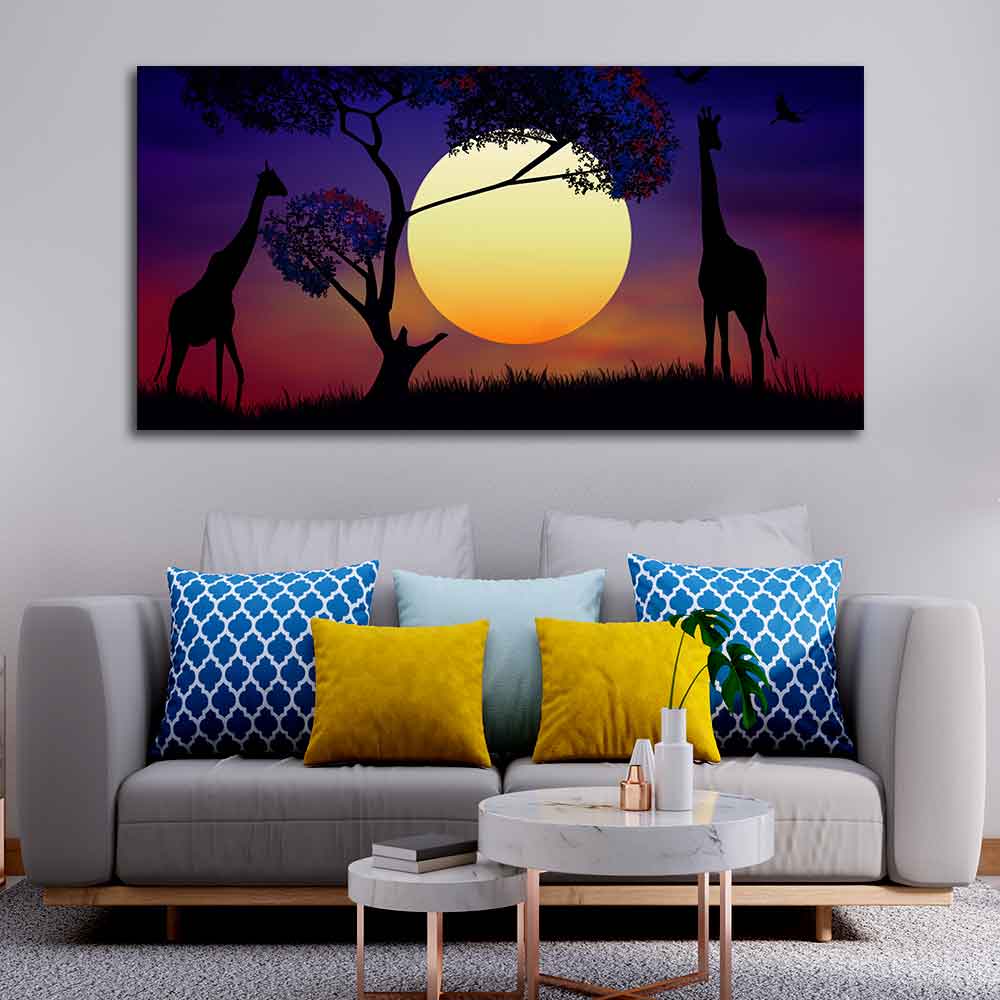 Pair of Giraffe at Night Canvas Wall Painting - Image 2