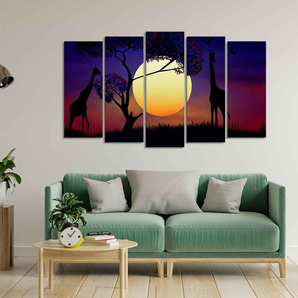 Pair of Giraffe at Night Canvas Wall Painting Set of Five Pieces - Image 3