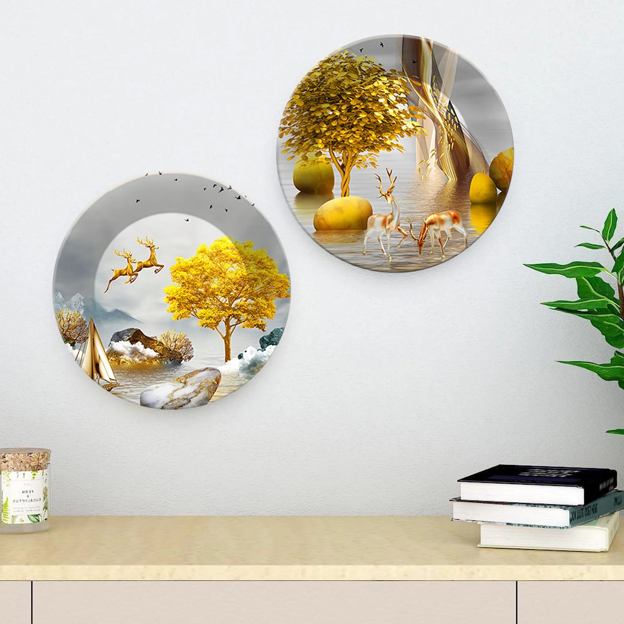 Pair of Golden Deer Ceramic Wall Hanging Plates Set of Two - Image 2