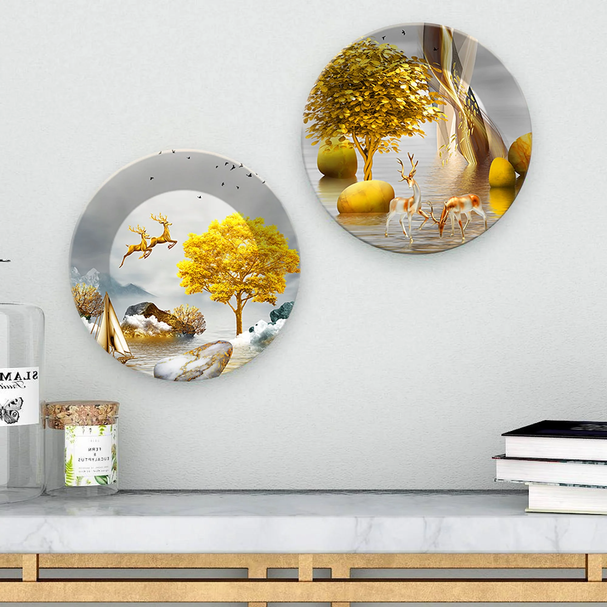 Pair of Golden Deer Ceramic Wall Hanging Plates Set of Two - Image 3