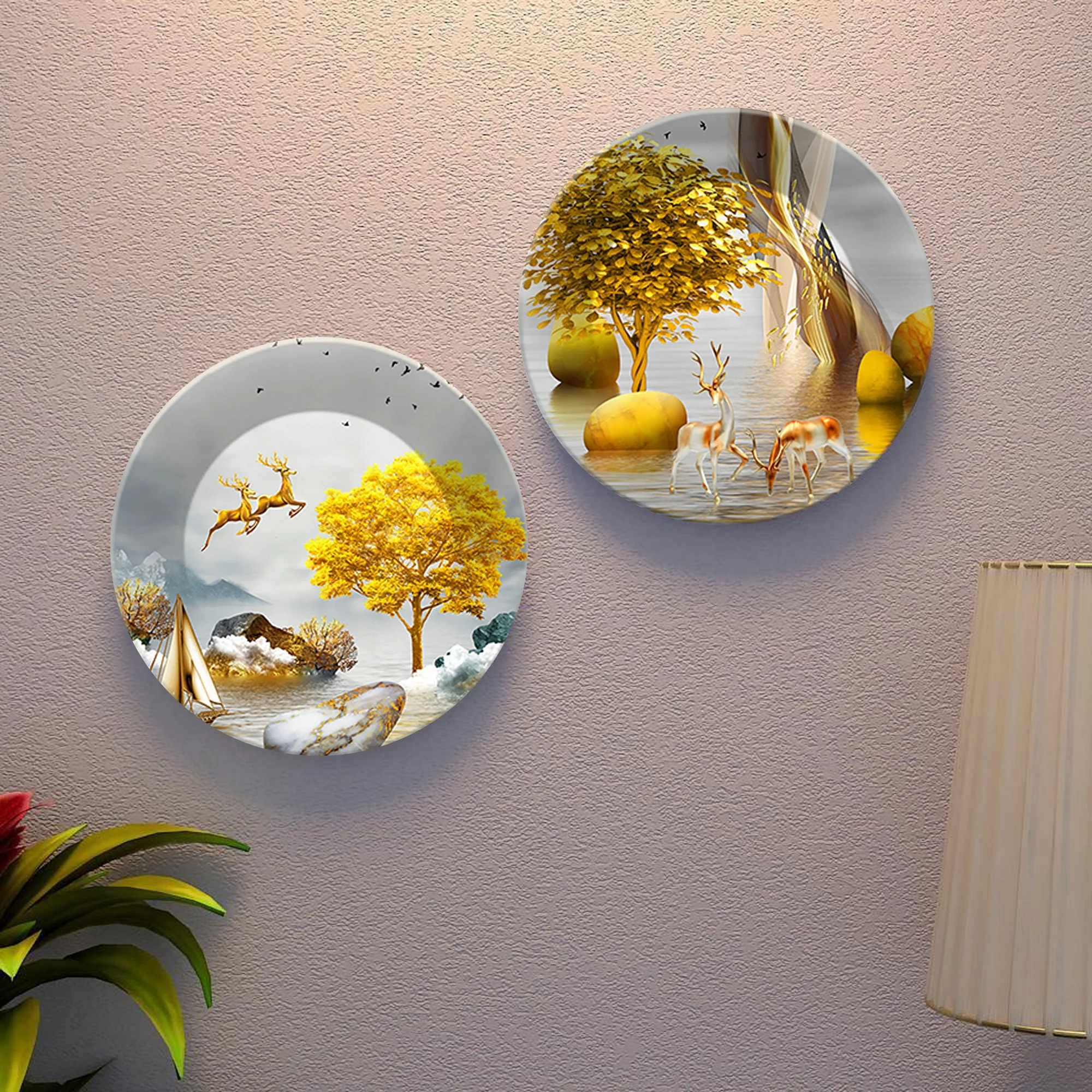 Pair of Golden Deer Ceramic Wall Hanging Plates Set of Two - Image 4