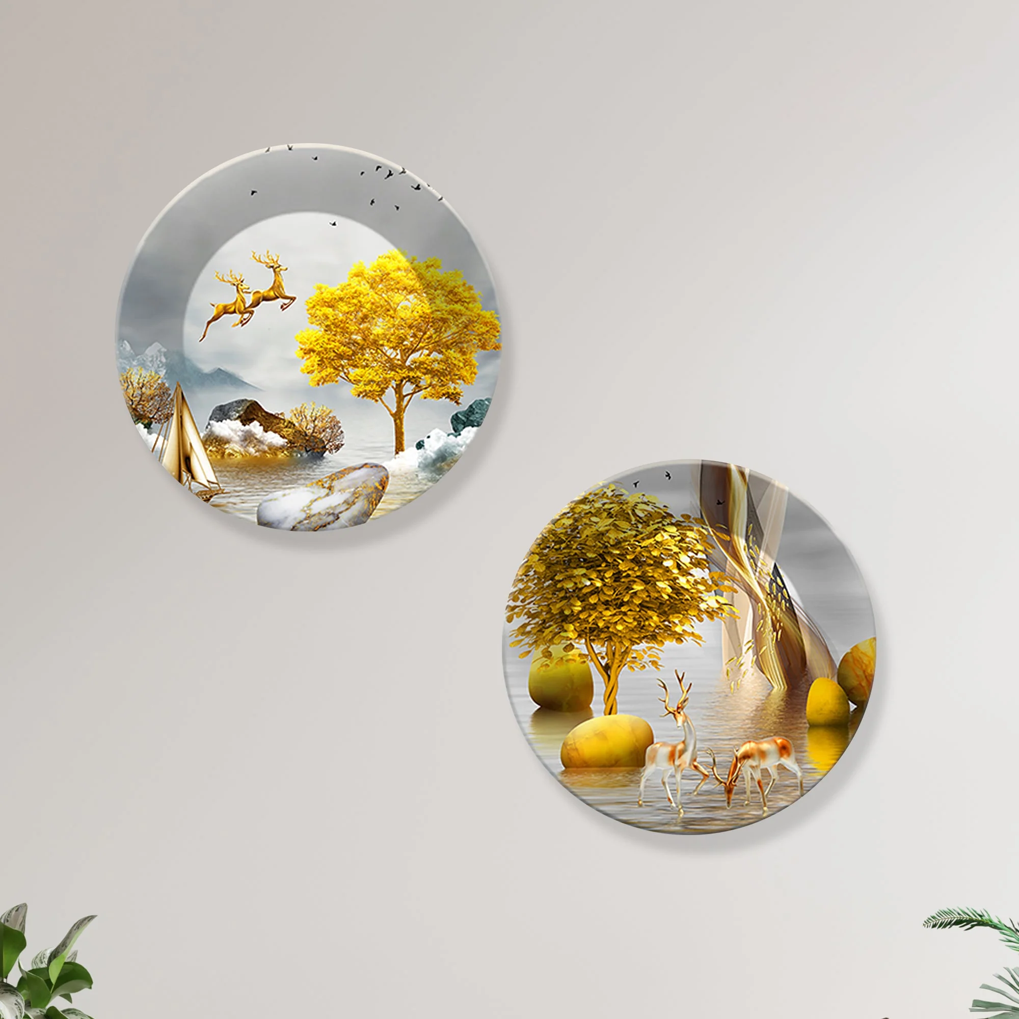 Pair of Golden Deer Ceramic Wall Hanging Plates Set of Two - Image 5