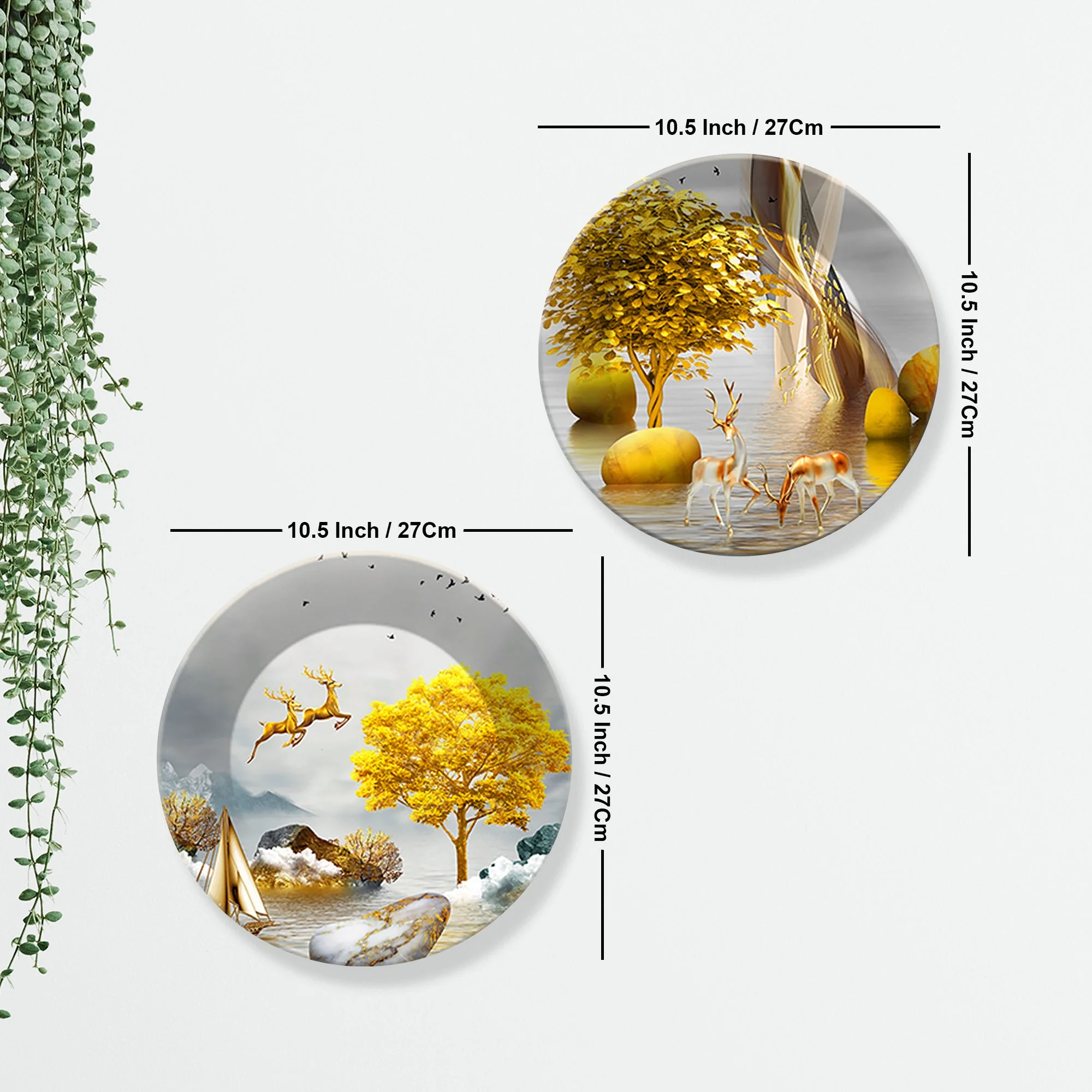 Pair of Golden Deer Ceramic Wall Hanging Plates Set of Two - Image 7