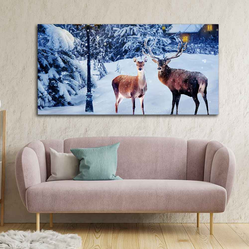 Pair of Red Deer in Snowy Forest Premium Wall Painting - Image 2