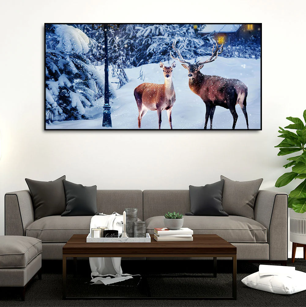 Pair of Red Deer in Snowy Forest Premium Wall Painting - Image 3