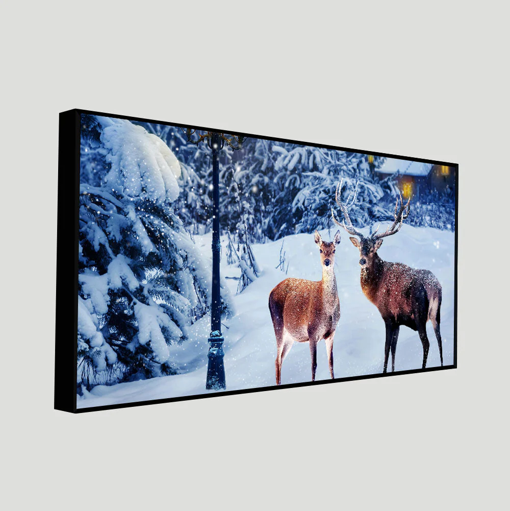 Pair of Red Deer in Snowy Forest Premium Wall Painting - Image 5