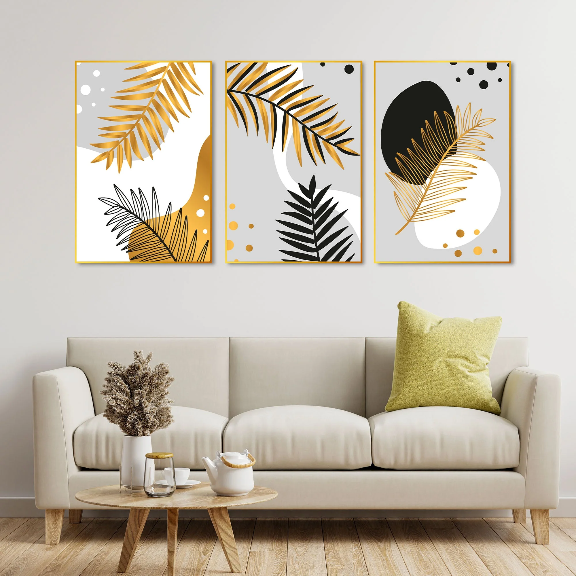 Palm Leaf Floating Canvas Wall Painting Set of Three - Image 3