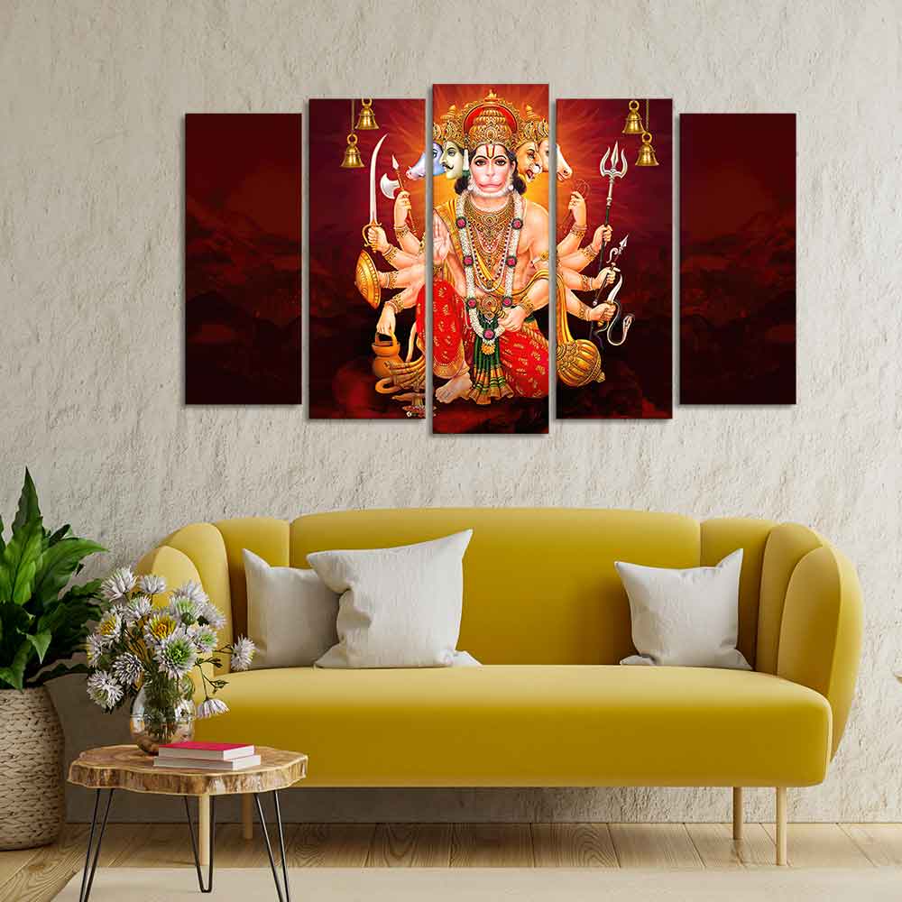 Panchmukhi Bajrangbali Canvas Wall Painting of Five Pieces - Image 2