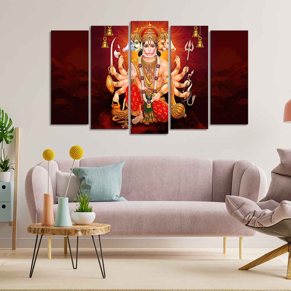 Panchmukhi Bajrangbali Canvas Wall Painting of Five Pieces - Image 3