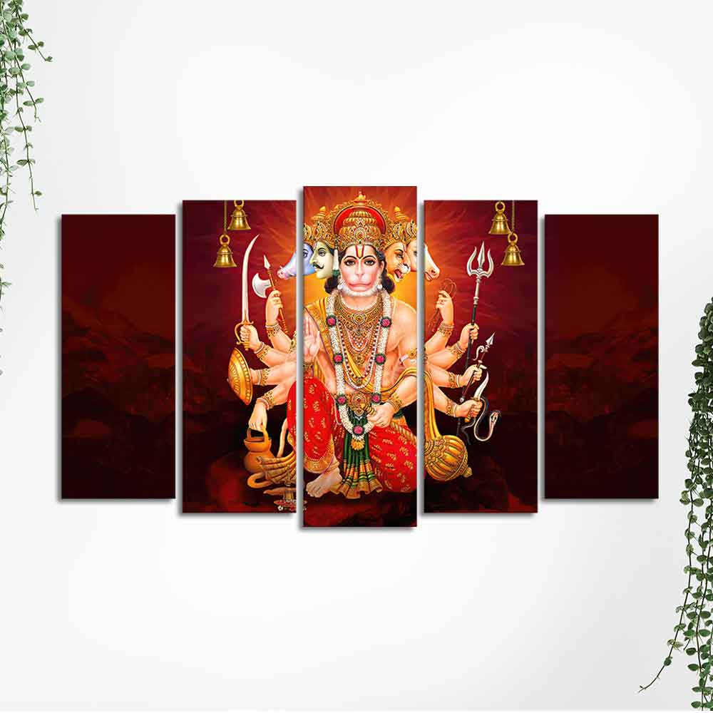 Panchmukhi Bajrangbali Canvas Wall Painting of Five Pieces - Image 4