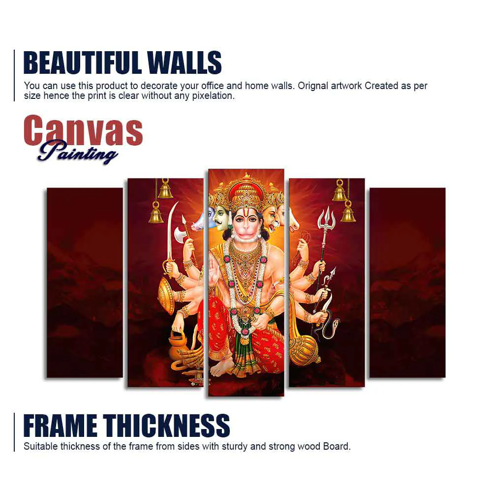 Panchmukhi Bajrangbali Canvas Wall Painting of Five Pieces - Image 5