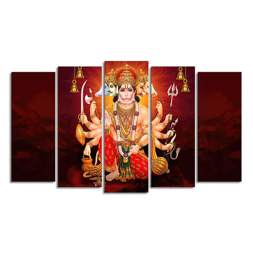 Panchmukhi Bajrangbali Canvas Wall Painting of Five Pieces - Image 6
