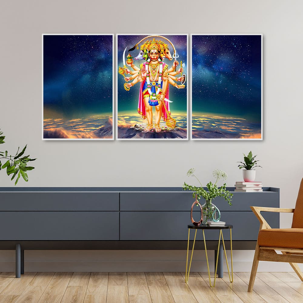Panchmukhi Bajrangbali Scenery Floating Canvas Wall Painting Set of Three - Image 2