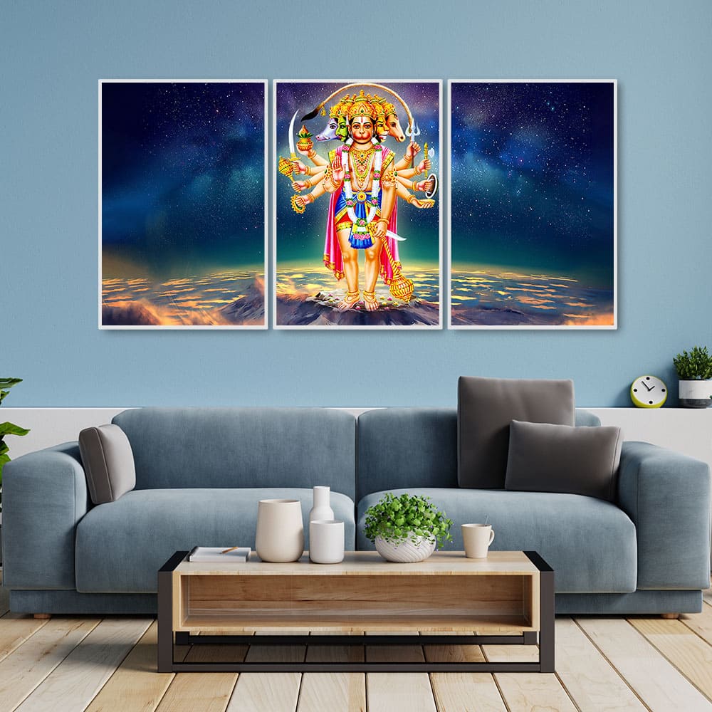 Panchmukhi Bajrangbali Scenery Floating Canvas Wall Painting Set of Three - Image 3