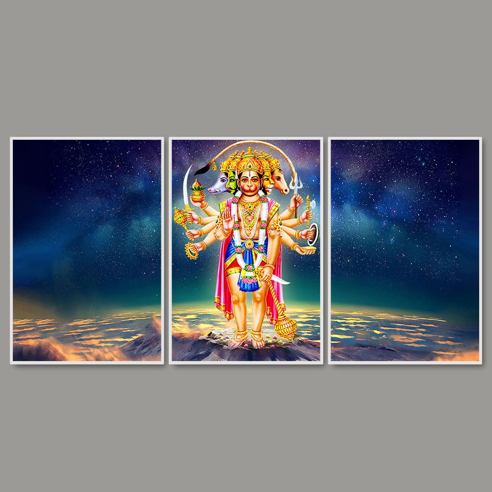 Panchmukhi Bajrangbali Scenery Floating Canvas Wall Painting Set of Three - Image 4