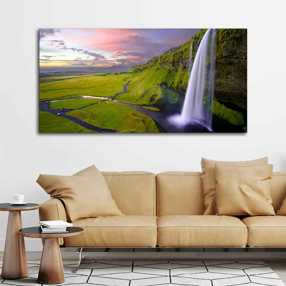 Panoramic Canvas Wall Painting of Unreal view of Waterfall at Sunset - Image 2